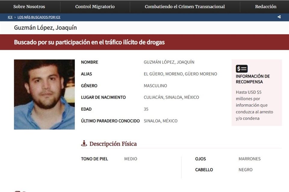 Joaquín Guzmán López, hermano de Ovidio Guzmán, también es buscado por autoridades de Estados Unidos por su participación en el tráfico ilícito de drogas y ofrecían una recompensa de 5 mdd.