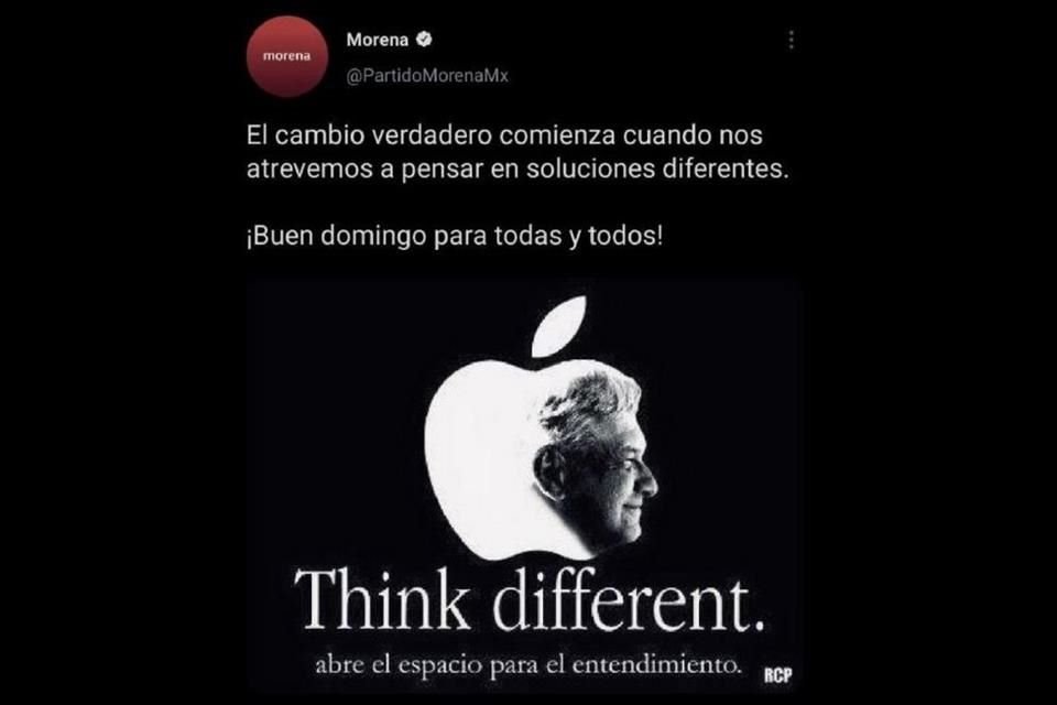Morena publicó en Twitter un mensaje acompañado con imagen editada del logo de Apple con AMLO, lo que generó críticas y que borraran tuit.