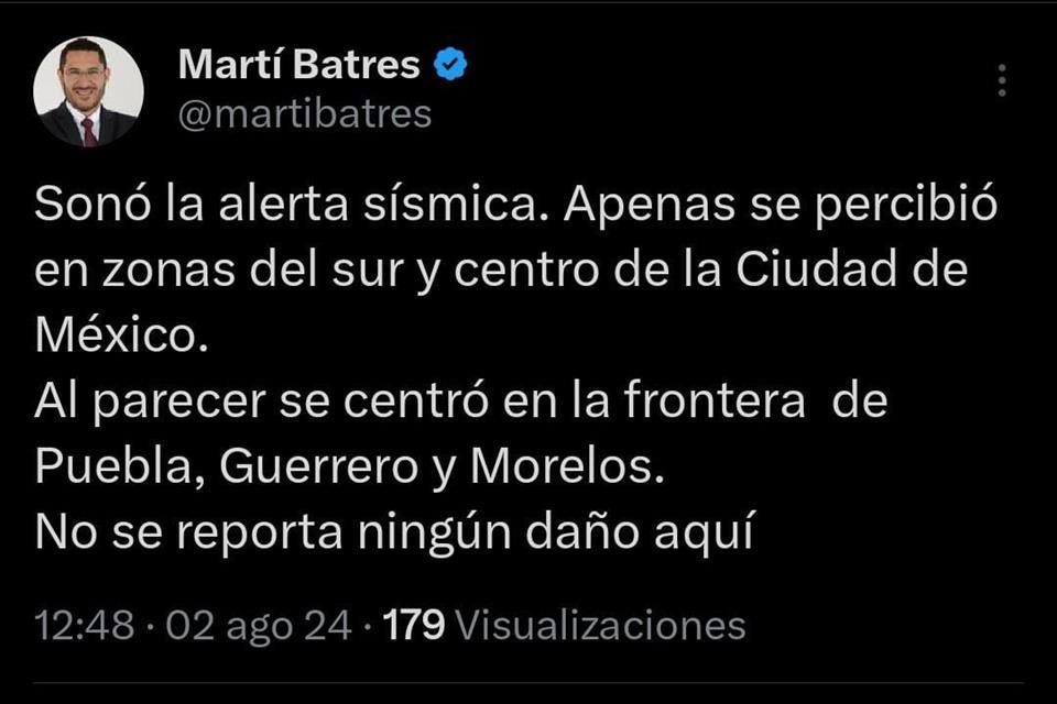 Batres borró su publicación sobre el sismo.