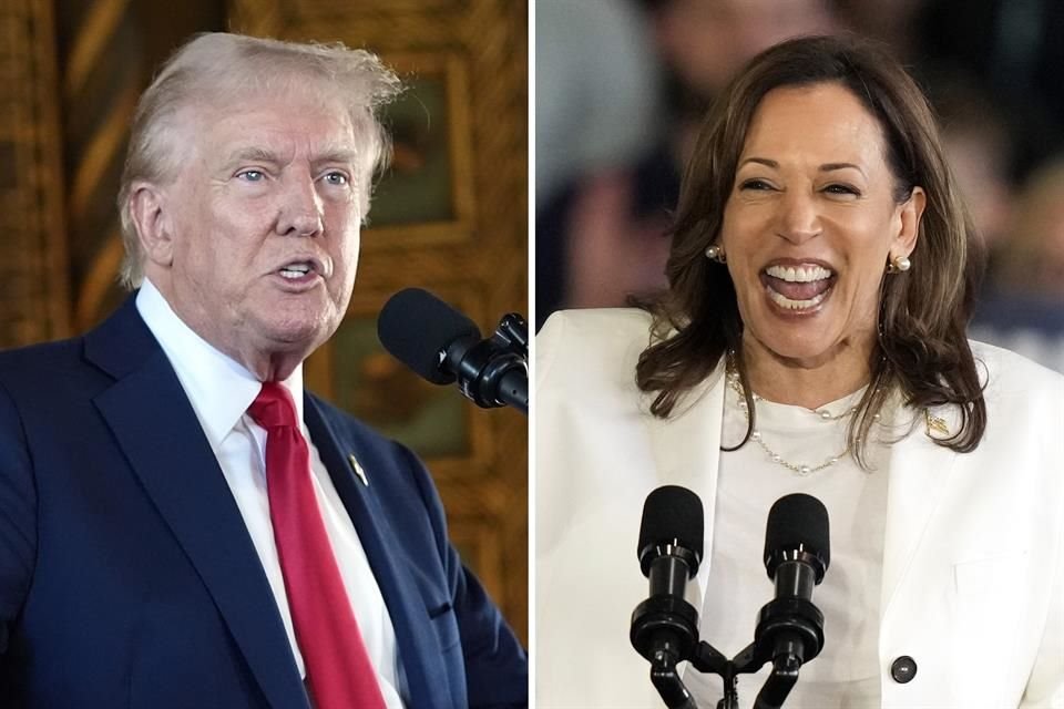 El candidato republicano Donald Trump durante una conferencia de prensa y la candidata demócrata Kamala Harris durante un evento de campaña.