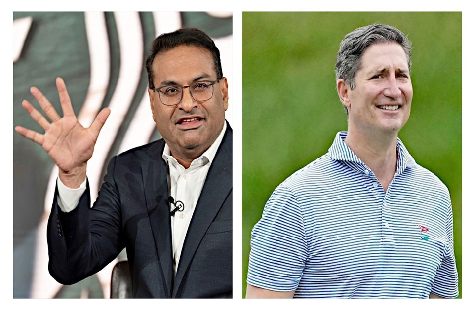 Laxman Narasimhan (izq.) fue despedido de Starbucks... y en su lugar entró Brian Niccol, ex CEO de Chipotle.