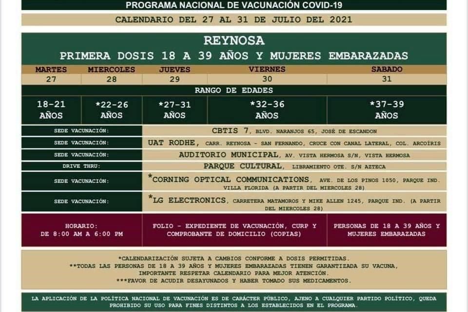 Este martes inicia la inmunización contra Covid-19 de personas de 18 a 39 años en la frontera de Tamaulipas.