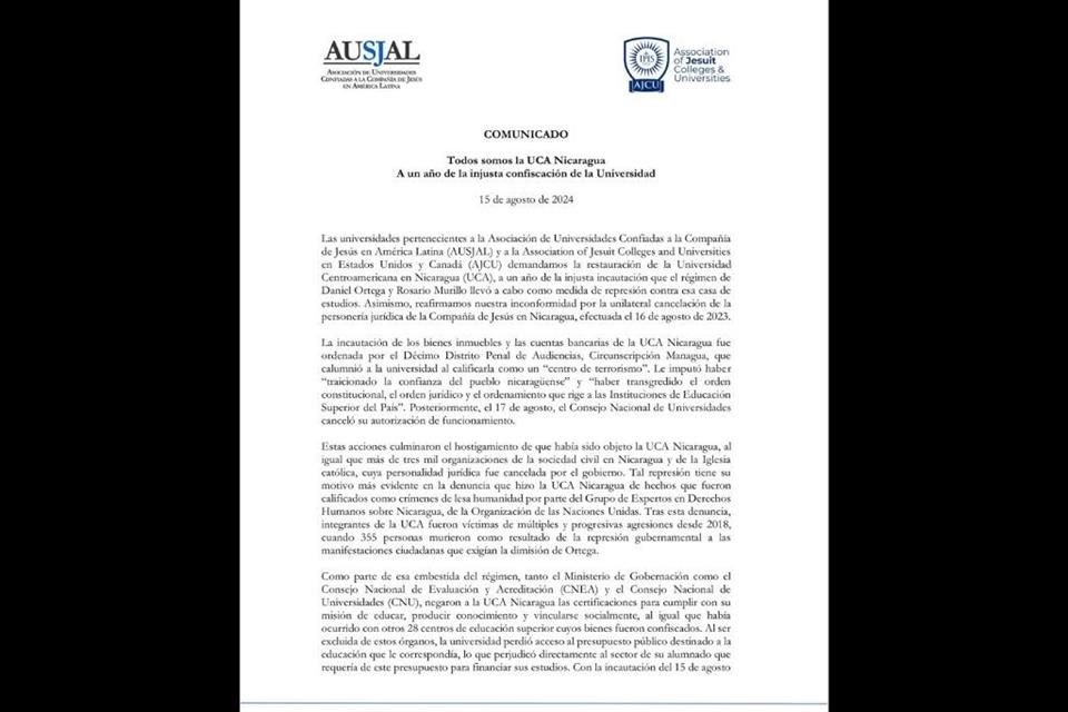 La USJAL y la AJCU demandan la rehabilitación de la personería jurídica de la Compañía de Jesús en Nicaragua.