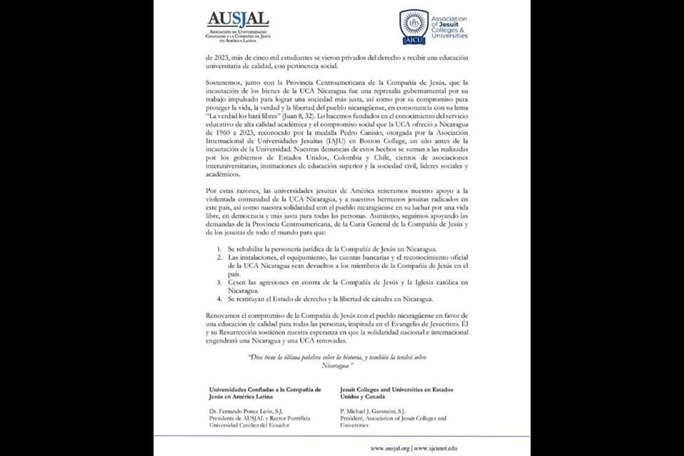 La USJAL y la AJCU acusan que los integrantes de la UCA Nicaragua fueron víctimas de múltiples y progresivas agresiones.