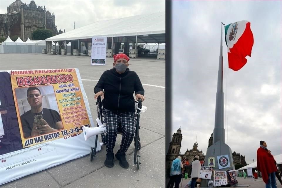 Familiares de desaparecidos mantienen su protesta en el asta bandera del Zócalo capitalino.