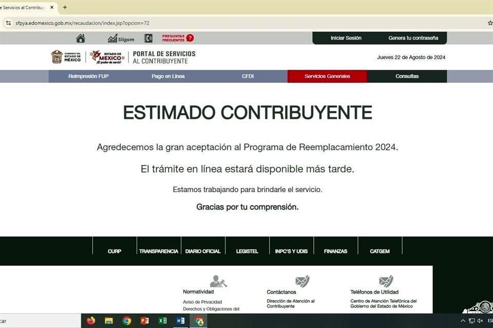 En la página de internet de Servicios al Contribuyente, donde se realiza el trámite y se agenda la cita para recoger las nuevas láminas, sólo se despliega un mensaje.