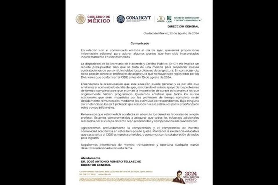 El CIDE aclaró que la suspensión de contrataciones no responde a un recorte y que la impartición de cursos adicionales será remunerada.