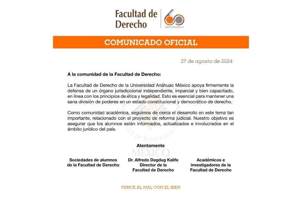 La Facultad de Derecho de la Anáhuac México emitió un comunicado oficial sobre la reforma judicial.