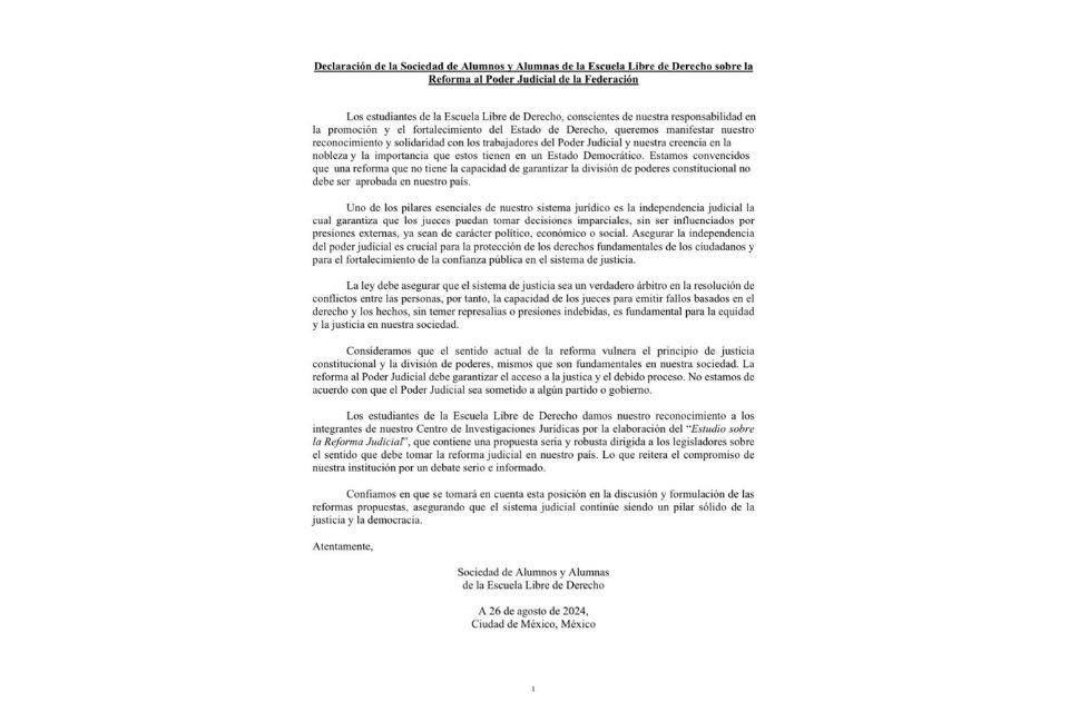 La Sociedad de Alumnos y Alumnas de la ELD se pronunció sobre la reforma judicial.