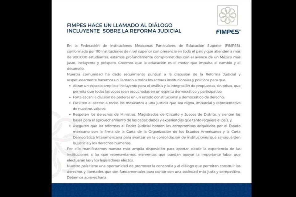 La FIMPES pide a actores institucionales y políticos entablar un diálogo incluyente en torno a la reforma al Poder Judicial.