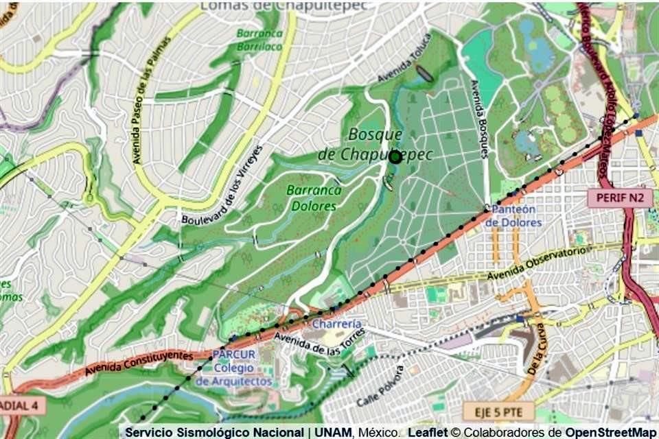 El Servicio Sismológico Nacional marcó el epicentro del sismo al noroeste de la Alcaldía Álvaro Obregón; el punto exacto se ubicó en la Tercera Sección del Bosque de Chapultepec.