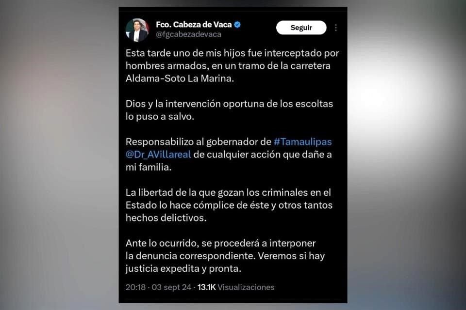 Mediante una publicación en X (antes Twitter), el panista Francisco García Cabeza de Vaca informó sobre lo ocurrido a uno de sus hijos.