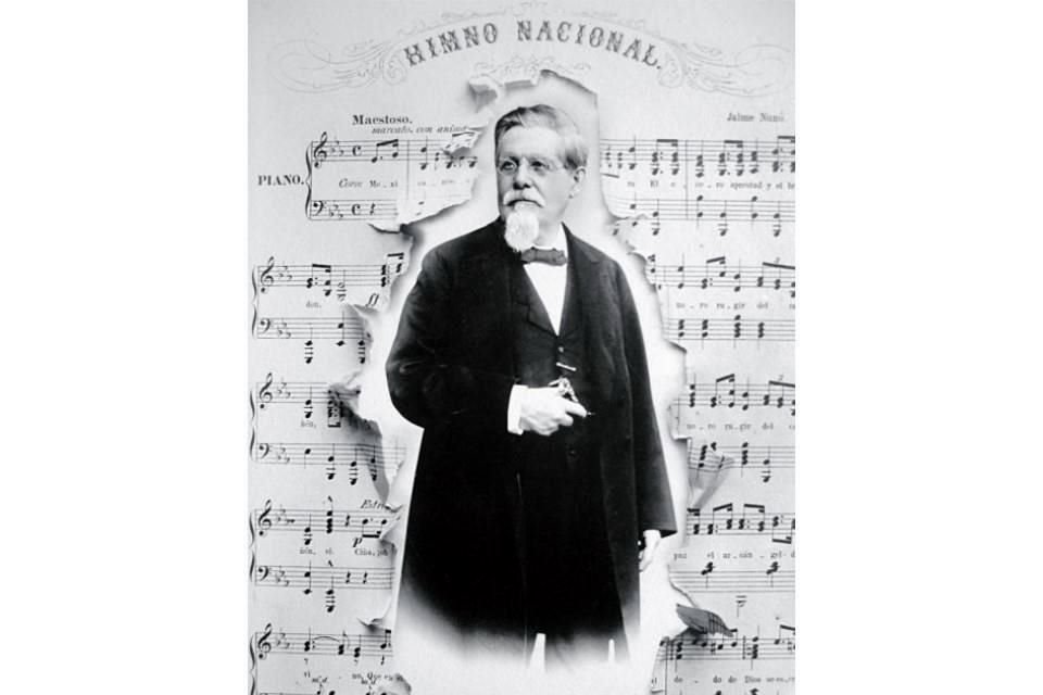 Emilio Lange realizó esta composición gráfica de Nunó con la partitura del Himno Nacional, para su visita a México en 1901.