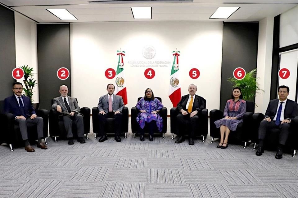 (1) Sergio Molina, del CJF; (2) Ministro J. Luis González; (3) Ministro Jorge Pardo; (4) Ministra Norma Piña; (5) Ministro Luis Ma. Aguilar; (6) Lilia López, del CJF y (7) Alfonso Montalvo, CJF.