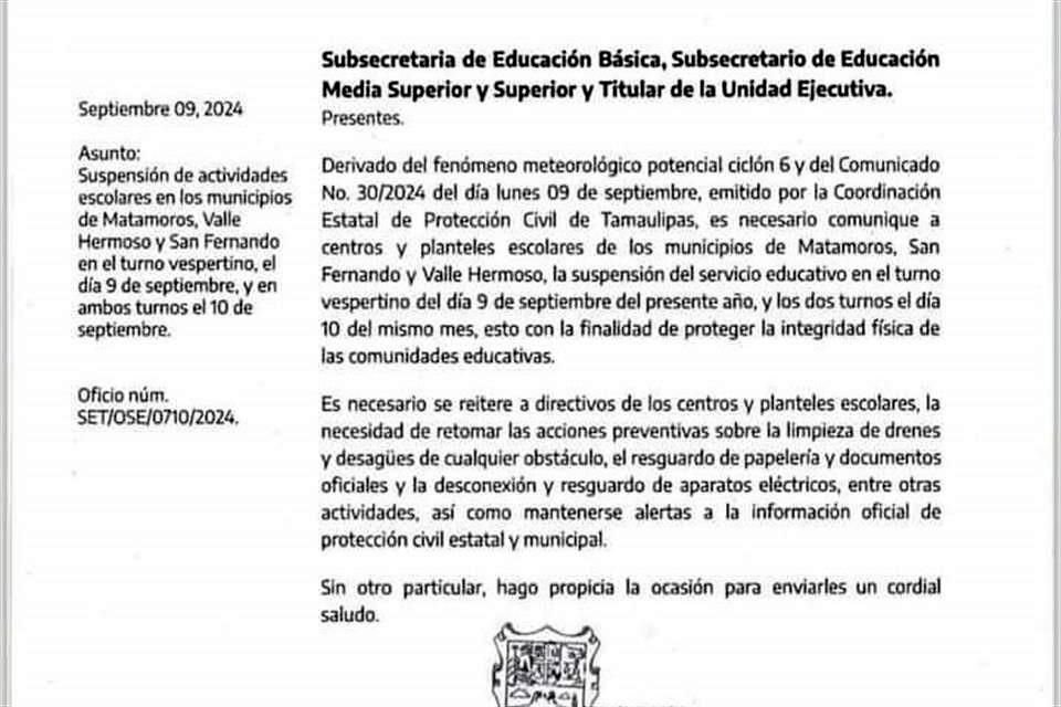 Autoridades de Educación de Tamaulipas dieron a conocer la suspensión de clases en 3 municipios.