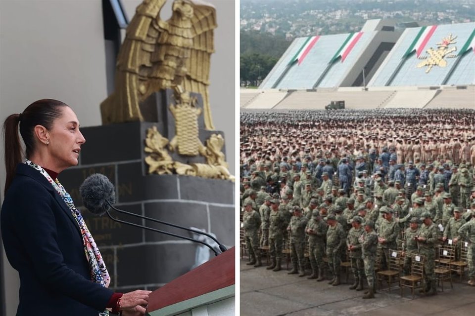 La Presidenta electa Claudia Sheinbaum da mensaje a Fuerzas Armadas acompañada del Presidente Andrés Manuel López Obrador en el Colegio Militar.