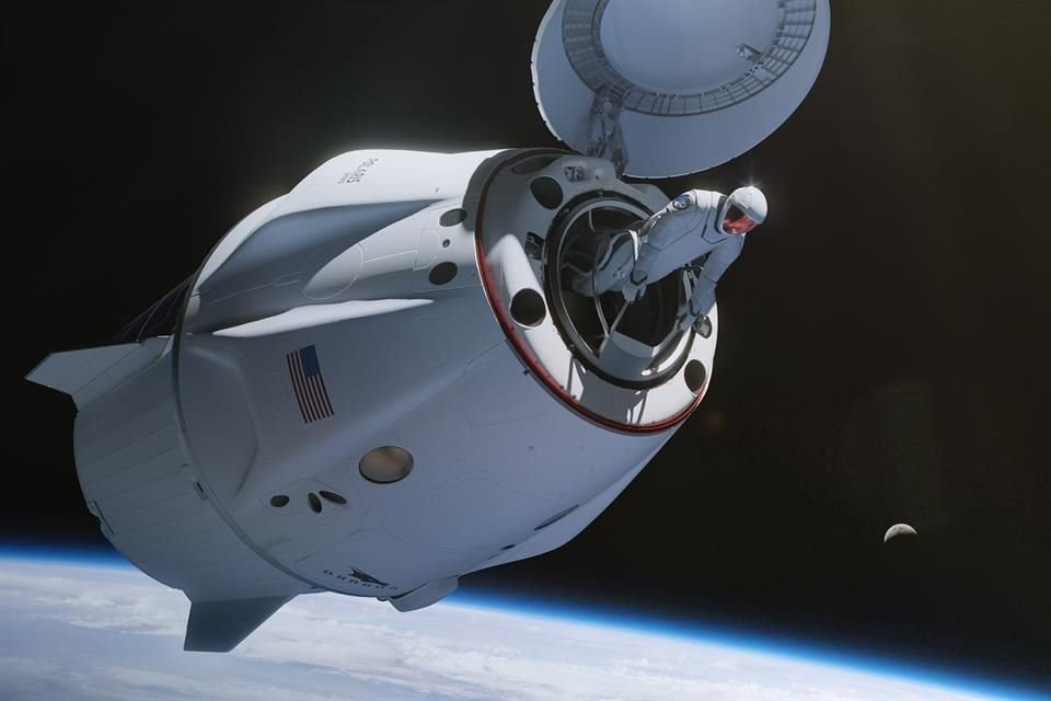 Ilustración que captura una caminata espacial desde la cápsula Dragon, creada por SpaceX.