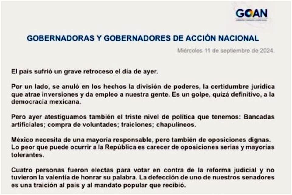 Parte del pronunciamiento de las y los mandatarios estatales panistas.