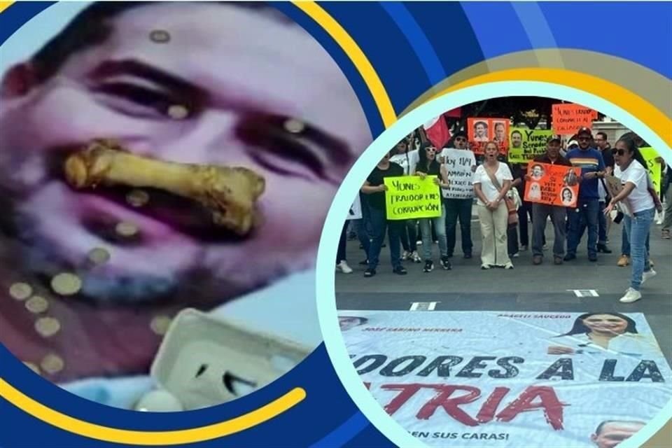 Empleados del PJF protestaron en Veracruz contra el senador Yunes Márquez, a quien en una foto le pusieron monedas, una caja con huevos y un hueso de pollo.