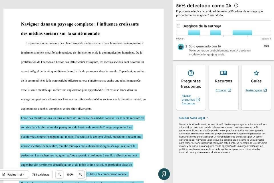 El detector de contenido en español probablemente generado con IA es parte de Originality de Turnitin.