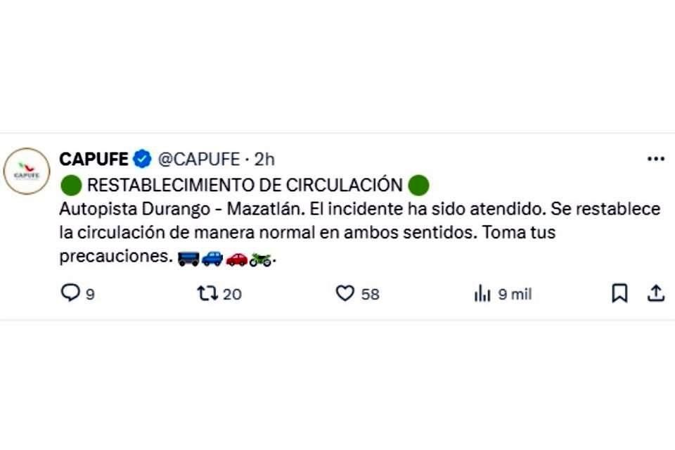 Alrededor de las 9:00 horas de este viernes, se dio a conocer que la circulación quedó reabierta en la vía.