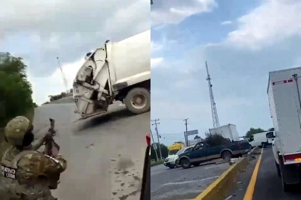 Un grupo armado (izquierda) abandonó un camión en la Carretera Nacional y gritó consignas en apoyo a un cártel, causando un atorón en la vialidad.