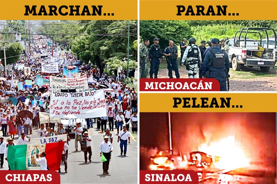 Mientras en Tuxtla Gutiérrez marcharon para exigir alto a violencia, en la Tierra Caliente michoacana pararon labores los limoneros y en la autopista Durango-Mazatlán se registró quema de vehículos.