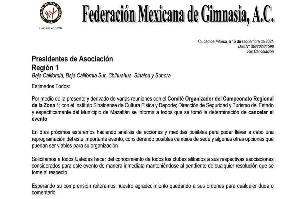 El comunicado de la Federación Mexicana de Gimnasia que menciona la cancelación del Campeonato Regional de Gimnasia Artística de la Zona 1.