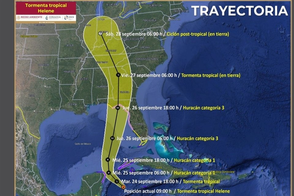 La Tormenta Tropical 'Helene' se formó a 295 kilómetros al este-sureste de Cozumel, Quintana Roo, informó Conagua.