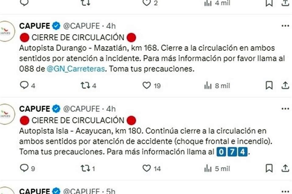 En su cuenta de X, Caminos y Puentes federales reportó el cierre de la autopista por un 'incidente'.