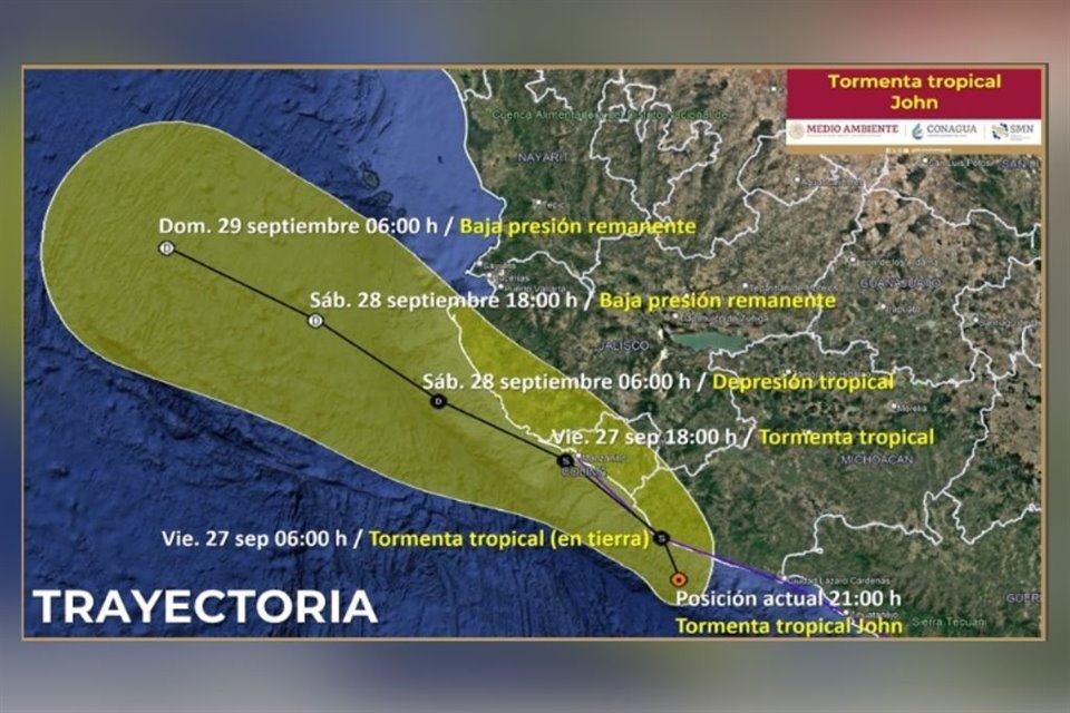 'John' se degradó a tormenta tropical en su recorrido por Oceano Pacífico, pero seguirá generando lluvias extraordinarias en Colima, Michoacán y Guerrero, informó SMN.