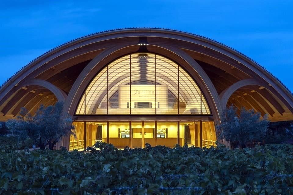 La cubierta abovedada se inspira en la herencia industrial de la bodega, reinterpretada como una estructura ligera hecha de arcos de madera.