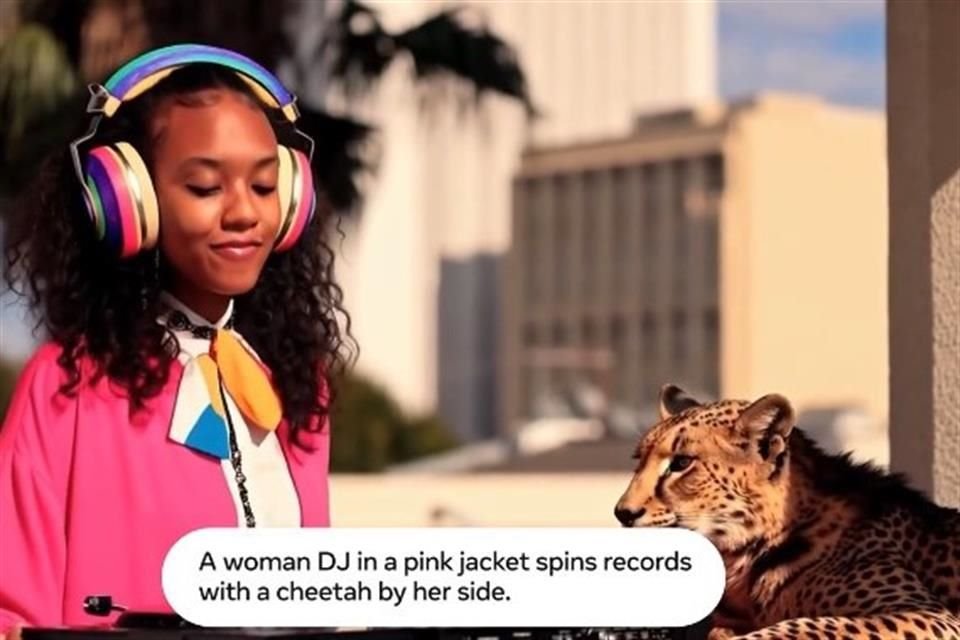 Otro ejemplo de lo que es capaz Movie Gen. Para generar esta imagen se escribió el prompt 'una mujer DJ en chaqueta rosa gira los discos con un guepardo a su lado'.