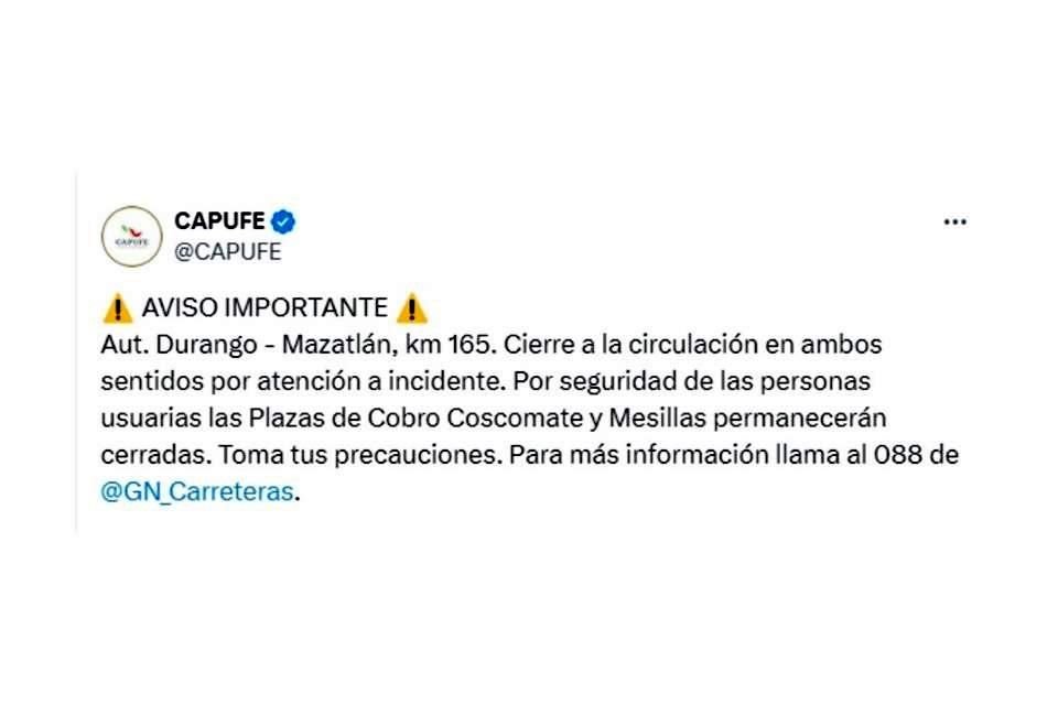 Caminos y Puentes Federales (Capufe) informó hoy alrededor de las 13:00 horas que debido a un 'incidente' esta transitada vía estaba cerrada.