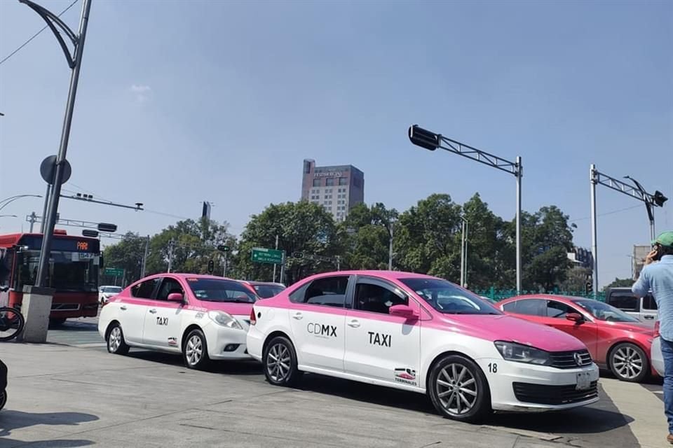 Filas de taxis irregulares se estacionan frente a la Puerta de los Leones del Bosque de Chapultepec, sobre el carril exclusivo del Metrobús. 