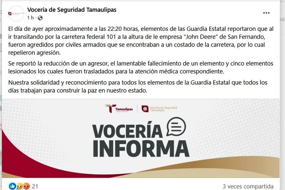 La Vocería de Seguridad Tamaulipas dio a conocer el nuevo ataque contra policías estatales en San Fernando.