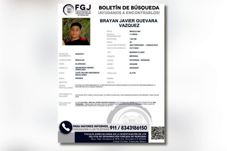 Brayan Javier Guevara Vázquez, de 13 años.