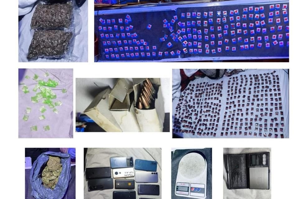 Los oficiales aseguraron 650 dosis de cocaína, 250 envoltorios y 400 gramos de mariguana, 46 dosis de crystal, además de 42 cartuchos útiles, 10 teléfonos celulares y dos básculas grameras.