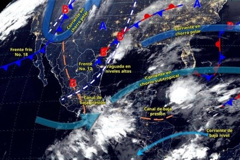 En próximas horas, el frente frío 17 se desplazará hacia el sureste de Estados Unidos y el 18 hacia el noroeste de México.