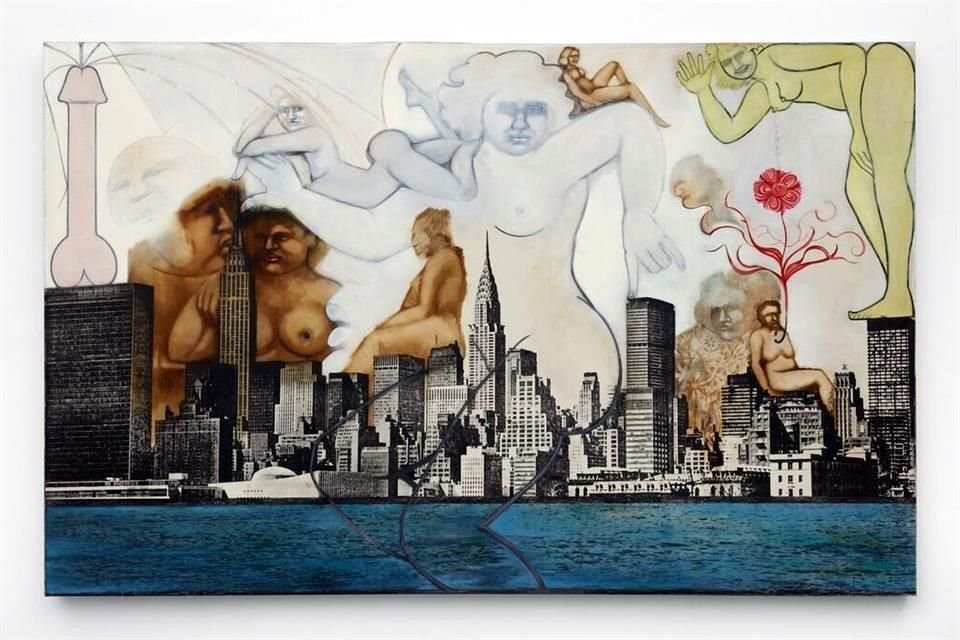 De Anita Steckel, entre diversos artistas de múltiples generaciones y técnicas, la muestra 'Shifting Lanscapes' del Whitney de Nueva York exhibe 'NY Skyline on Canvas #1 (Woman Pressing Finger Down)', obra realizada entre 1970 y 1974.