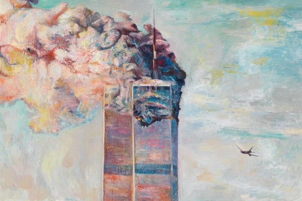 El paisaje del atentado a las Torres Gemelas de Nueva York es retratado por Keith Mayerson en '9-11', 2007.