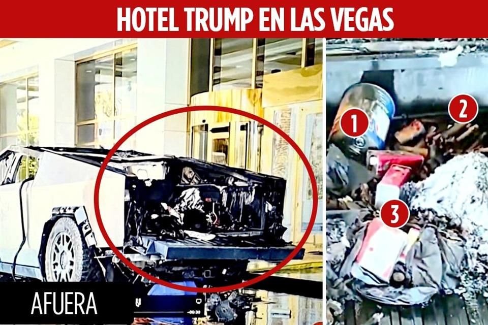 El Cybertruck que se incendió afuera del hotel Trump tenía en su cajuela gasolina para vehículos de carreras (1), pólvora, fuegos artificiales (2) y combustible para estufas de campamento (3).