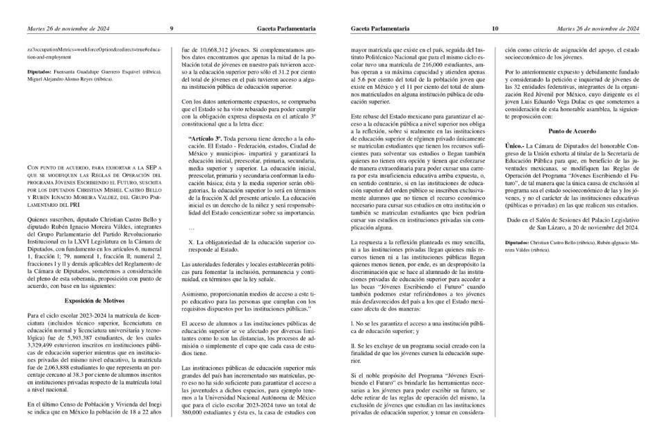 El punto de acuerdo se publicó el 26 de noviembre de 2024 en la Gaceta Parlamentaria.