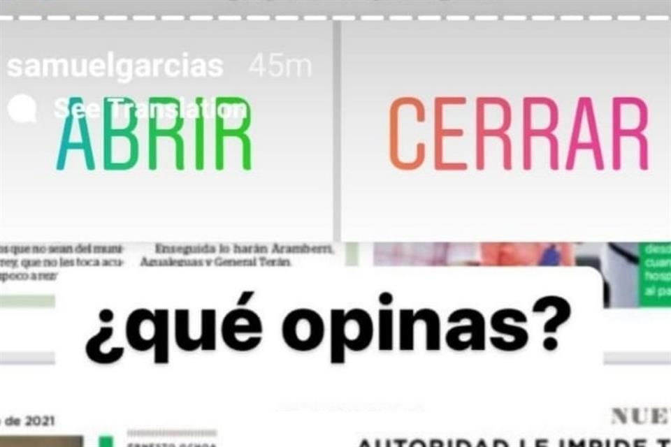 En sus historias de Instagram, García se subió al tema con una consulta, pero sin emitir una postura específica.