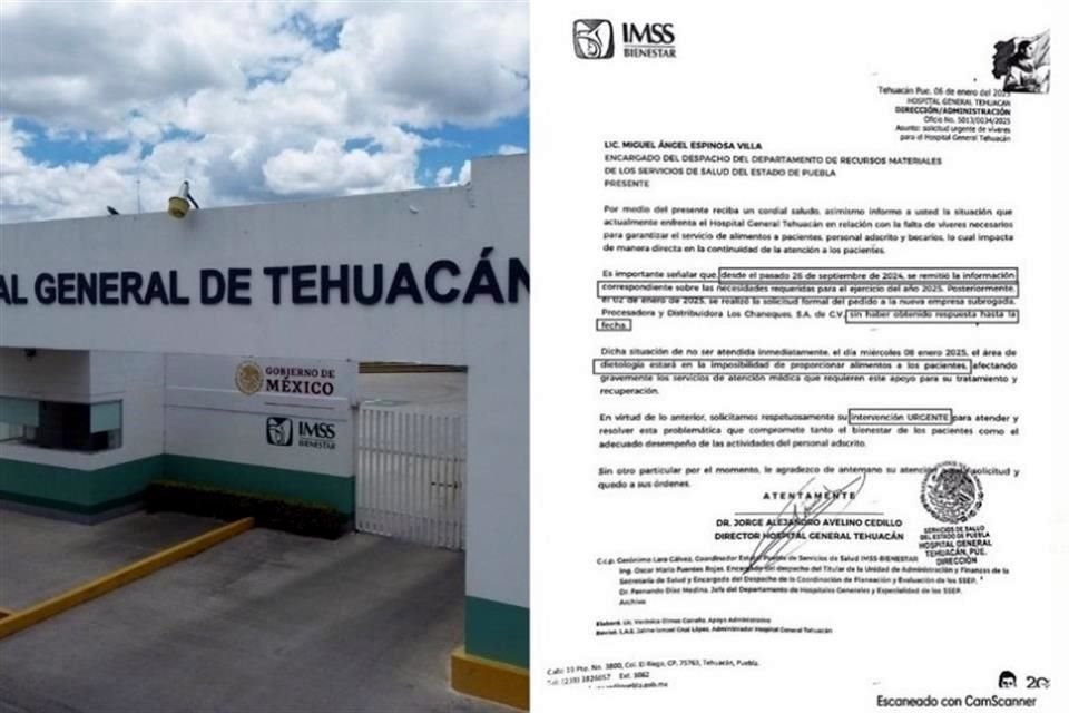 El director del Hospital de Tehuacán acusó en un oficio desabasto de alimentos al IMSS-Bienestar en Puebla.