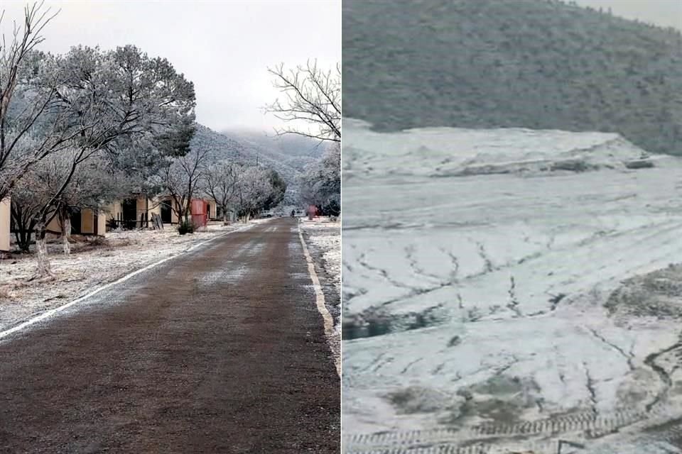 Usuarios de redes sociales compartieron este viernes fotografías de la zona de La Encantada, en el municipio de Ocampo, donde amaneció bajo una capa blanca de nieve y temperaturas bajo cero.