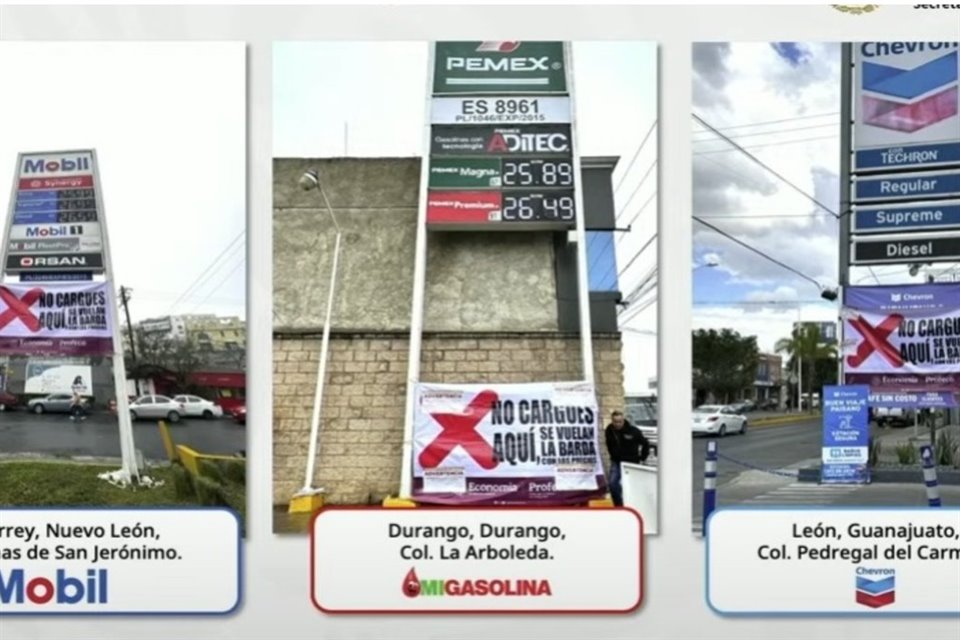 Profeco colocó lonas con la leyenda 'no cargues aquí' en 3 gasolineras en Monterrey, León y Durango para advertir precios caros.