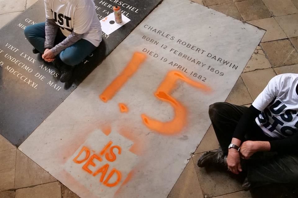 Manifestantes pintaron la tumba de Charles Darwin en Londres, el 13 de enero del 2025.