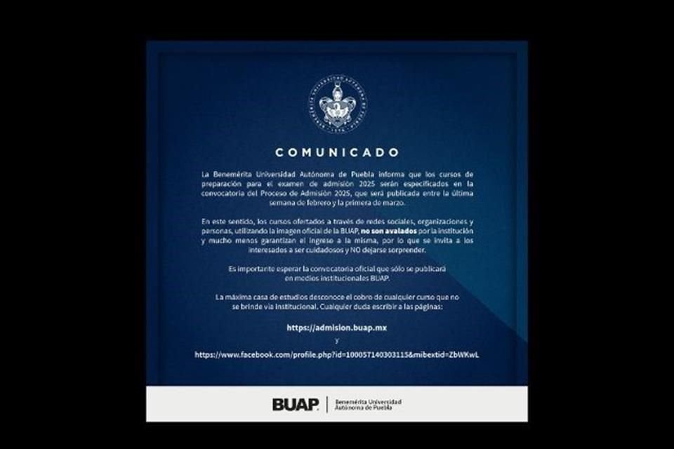 La BUAP informó que los cursos de preparación para el examen de admisión 2025 ofertados por redes y organizaciones no cuentan con su aval.