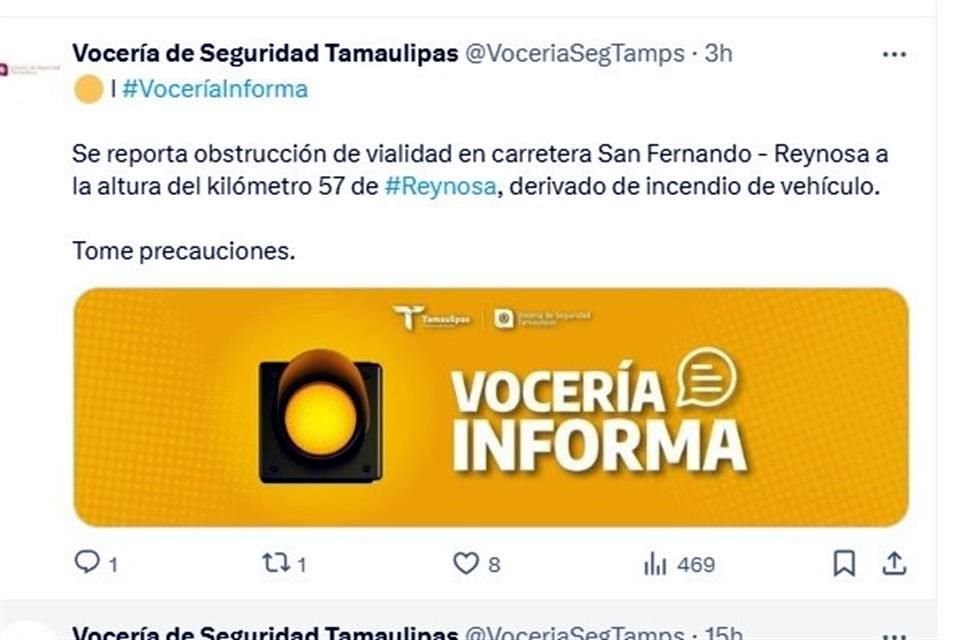 La Vocería de Tamaulipas sólo informó de forma escueta sobre el incendio de un vehículo en la carretera Reynosa-San Fernando.